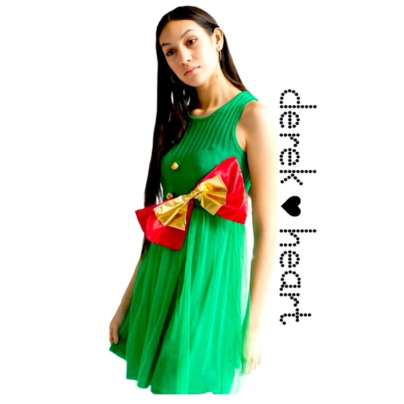 DEREK HEART Ugly Christmas Sweater Big Bow Jingle Bell Tulle Dress Size M - Picture 1 of 7